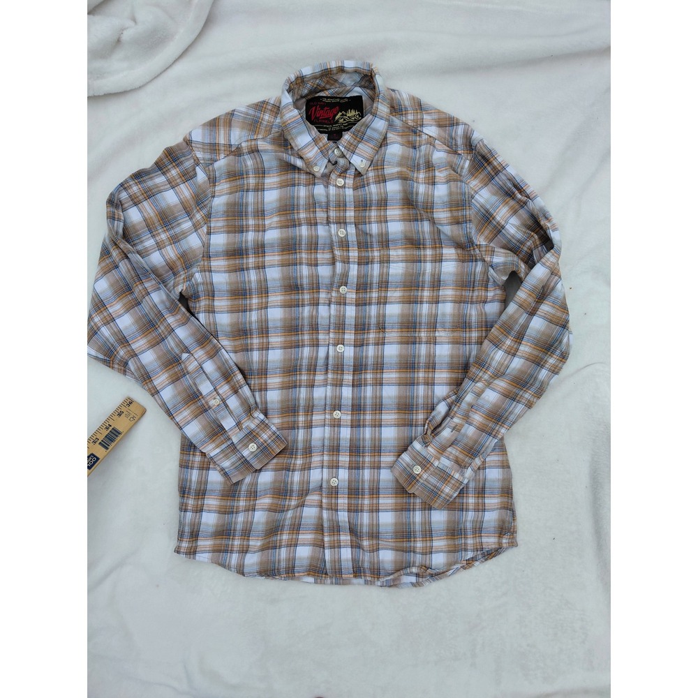 Old Navy Vintage Flannels Mens Medium Plaid Button Down Shirt Tan Blue White